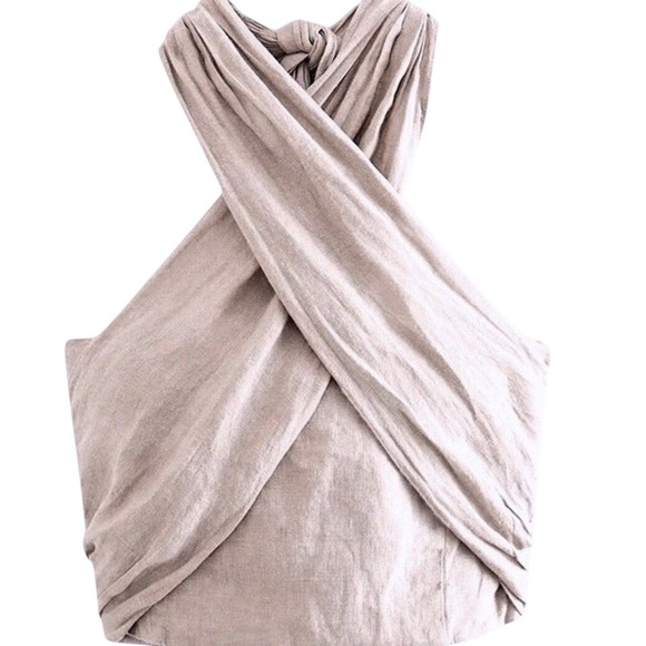 Criss Cross Halter Top Sleeveless Cotton Linen Blend Neutral Beige Size‎ S - Picture 2 of 6
